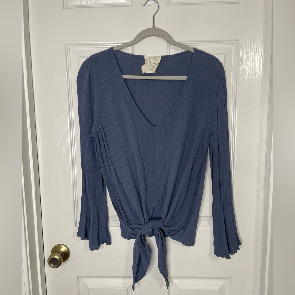 Dusty Blue Bell Sleeve Tie Front Blouse | Fantastic Fawn